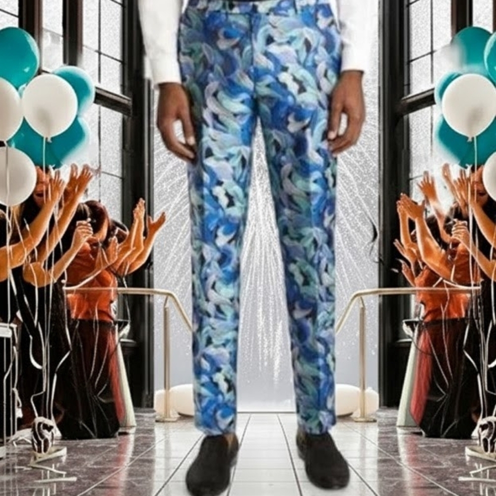 PAISLEY & GRAY Blue and Green Patterned Tuxedo Pants, 28W x 32L
